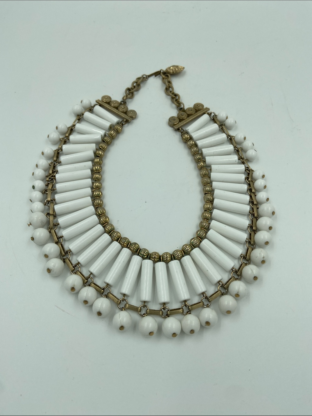 Vintage White Lucite Bead Statement Collar Necklace - Egyptian Revival Style